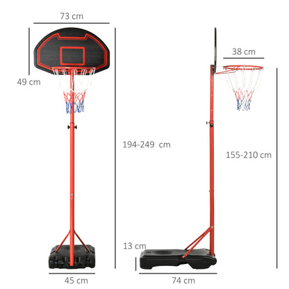 Portable Basketball Hoop Outdoor Basketball Basket with Adjustable Height 193.5-248.5cm and Fillable Base with Water or Sand, Steel and Nylon 74x127x193.5-248.5cm