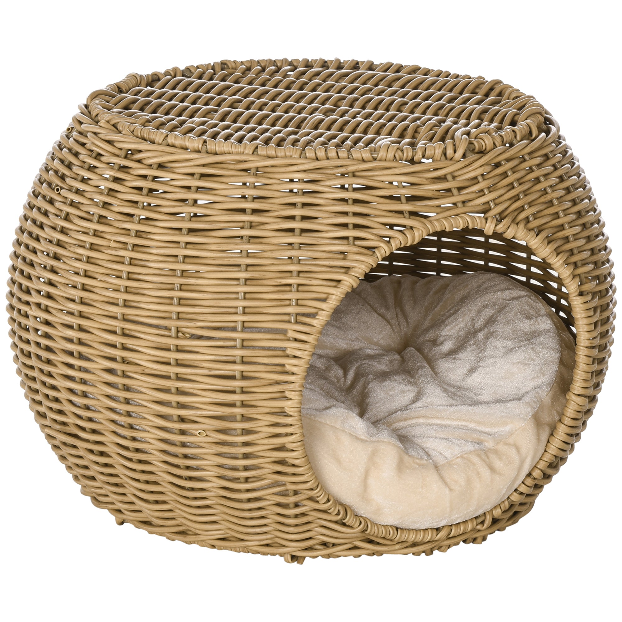 Cat House Bed Cat Basket Cat House in Rattan-style Woven Resin Imitation Rattan Soft Cushion Ø 40 x 30 cm light brown