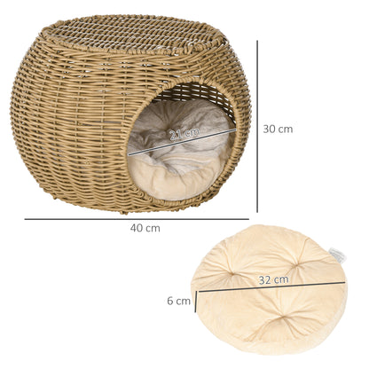 Cat House Bed Cat Basket Cat House in Rattan-style Woven Resin Imitation Rattan Soft Cushion Ø 40 x 30 cm light brown
