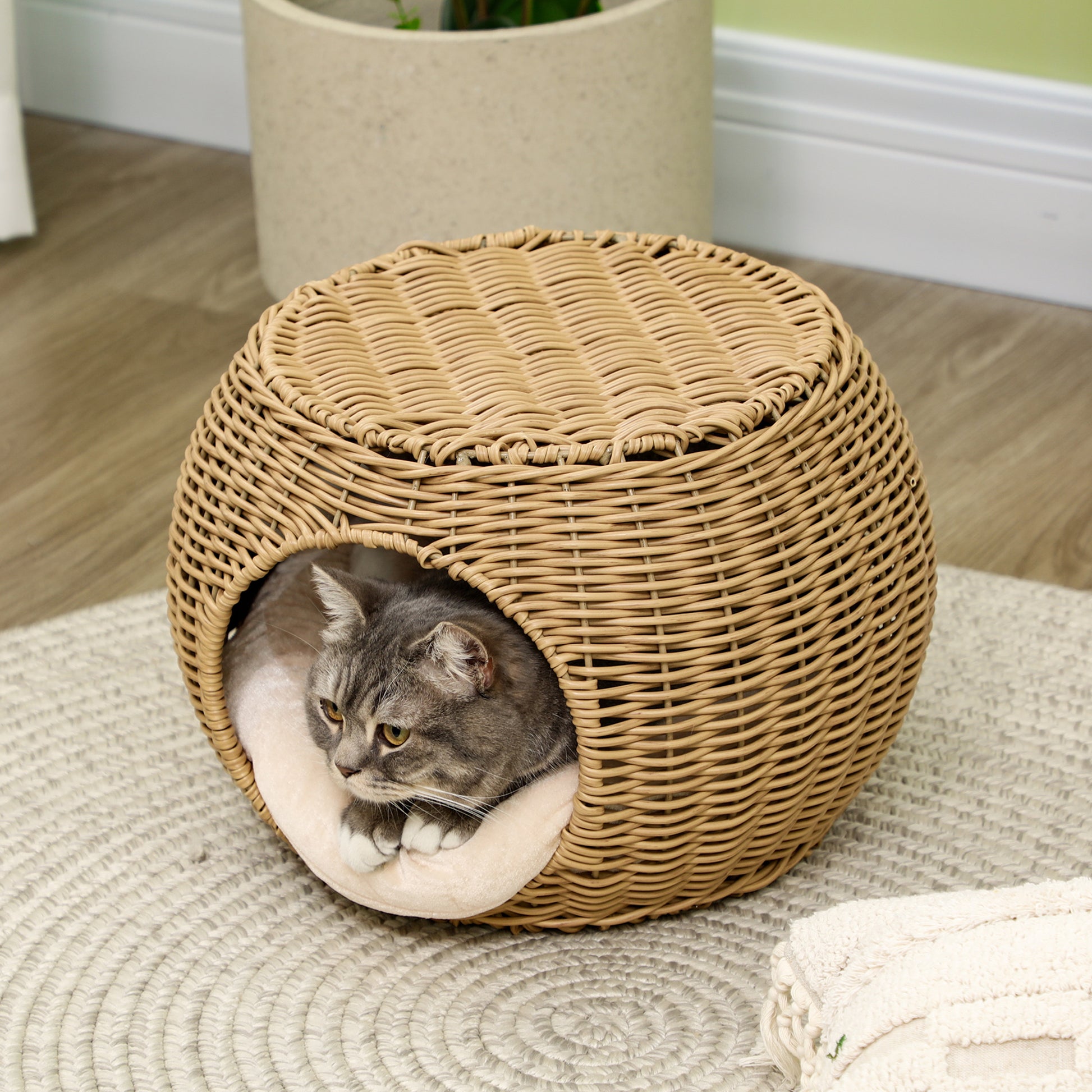 Cat House Bed Cat Basket Cat House in Rattan-style Woven Resin Imitation Rattan Soft Cushion Ø 40 x 30 cm light brown