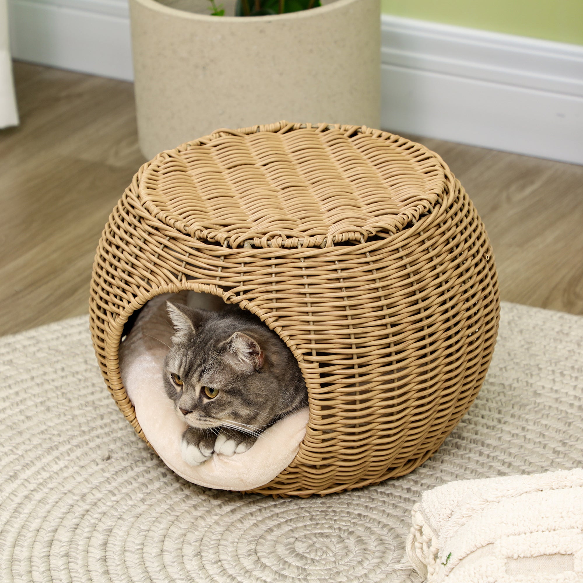 Cat House Bed Cat Basket Cat House in Rattan-style Woven Resin Imitation Rattan Soft Cushion Ø 40 x 30 cm light brown