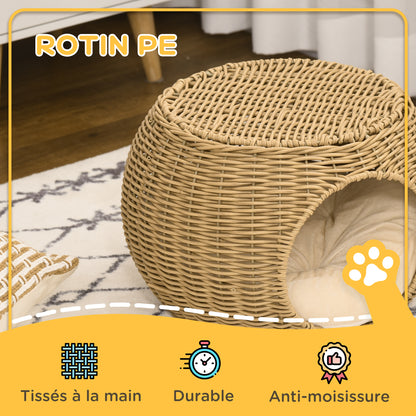 Cat House Bed Cat Basket Cat House in Rattan-style Woven Resin Imitation Rattan Soft Cushion Ø 40 x 30 cm light brown