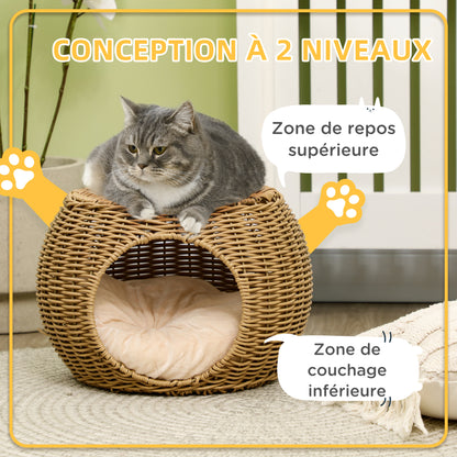 Cat House Bed Cat Basket Cat House in Rattan-style Woven Resin Imitation Rattan Soft Cushion Ø 40 x 30 cm light brown