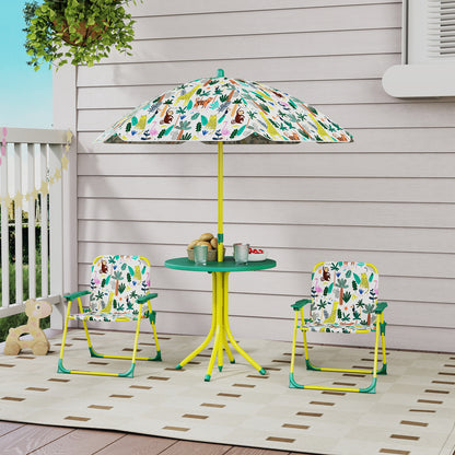 4-Piece Children's Garden Table & Chairs — Folding Kids Table with Detachable Umbrella, Jungle Design, Green