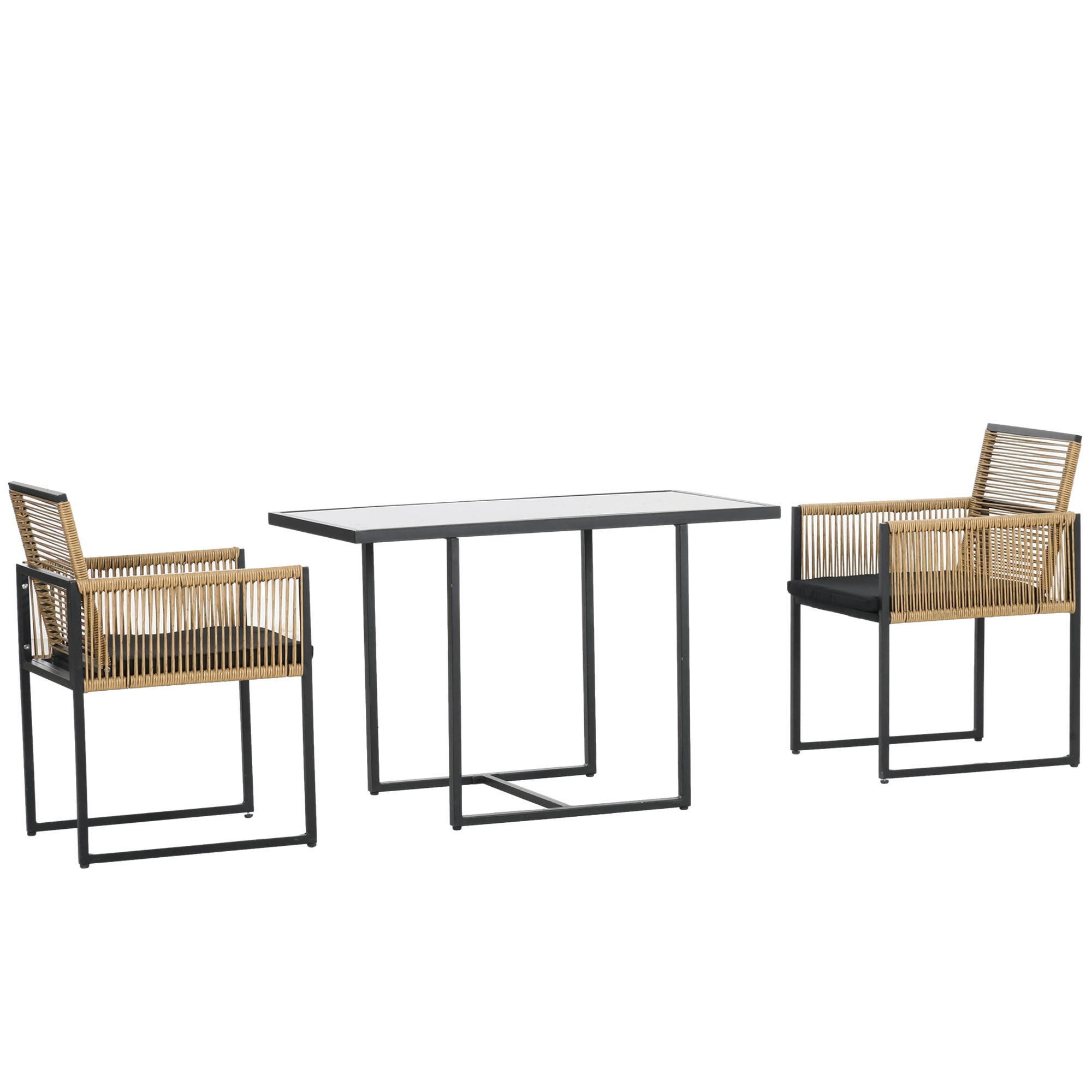 3-Piece Garden Furniture Set with Folding Backrest Chairs and Glass Table Nested Design for Terrace Patio Natural and Black