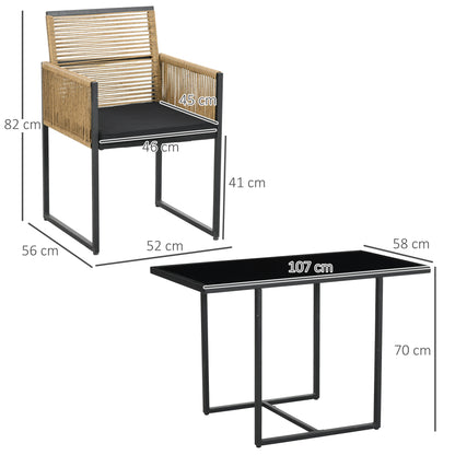 3-Piece Garden Furniture Set with Folding Backrest Chairs and Glass Table Nested Design for Terrace Patio Natural and Black