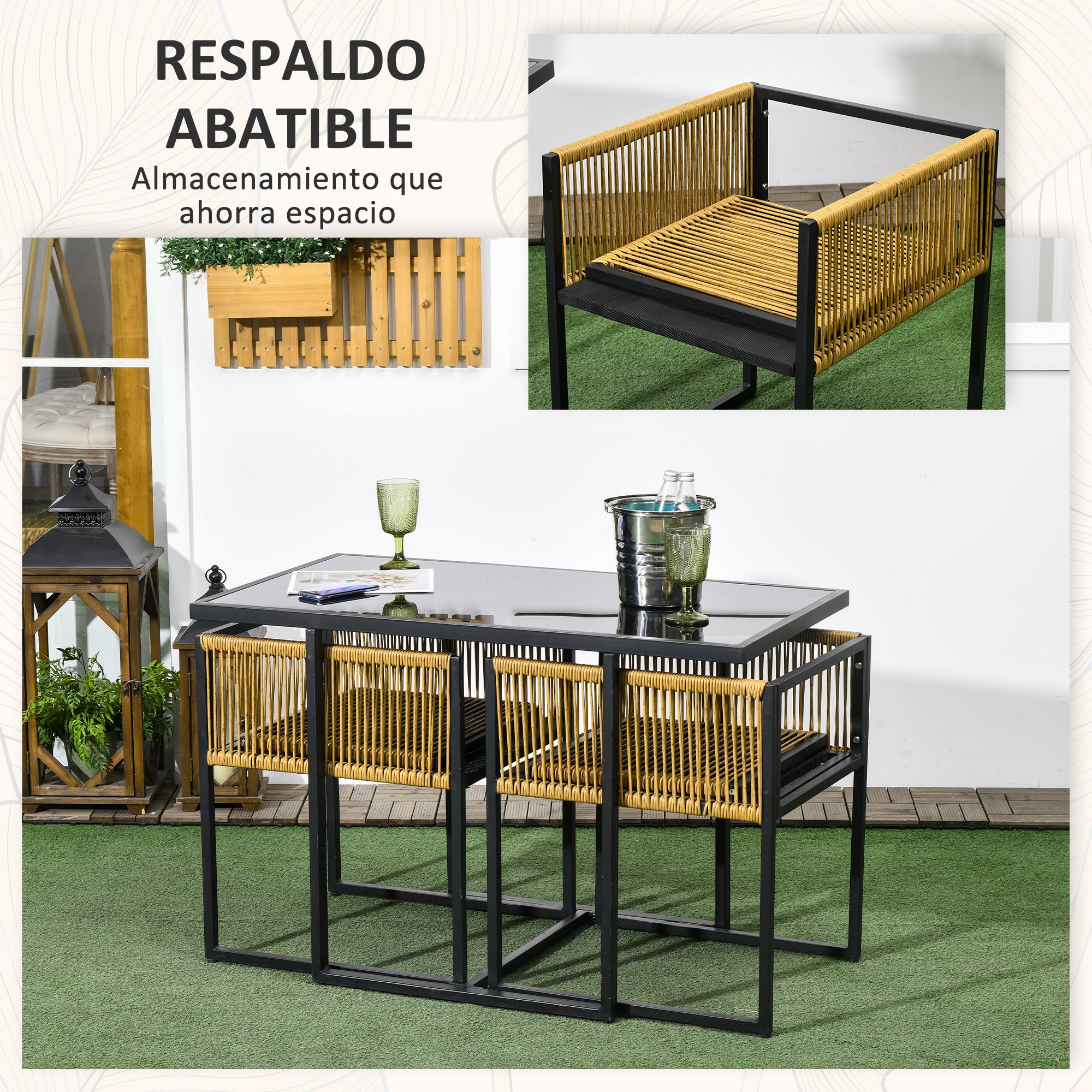 3-Piece Garden Furniture Set with Folding Backrest Chairs and Glass Table Nested Design for Terrace Patio Natural and Black