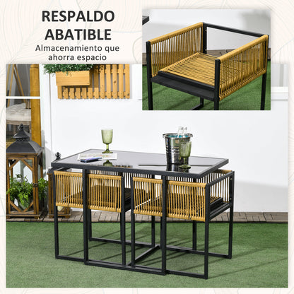 3-Piece Garden Furniture Set with Folding Backrest Chairs and Glass Table Nested Design for Terrace Patio Natural and Black
