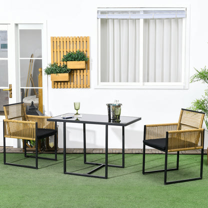 3-Piece Garden Furniture Set with Folding Backrest Chairs and Glass Table Nested Design for Terrace Patio Natural and Black