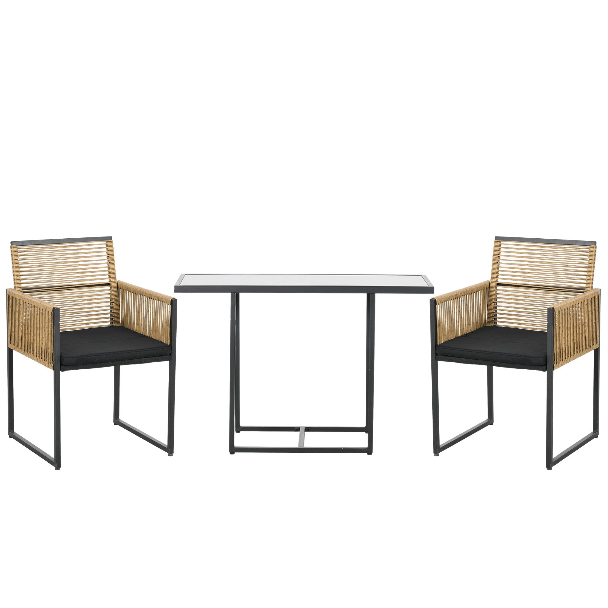 3-Piece Garden Furniture Set with Folding Backrest Chairs and Glass Table Nested Design for Terrace Patio Natural and Black