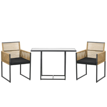 3-Piece Garden Furniture Set with Folding Backrest Chairs and Glass Table Nested Design for Terrace Patio Natural and Black