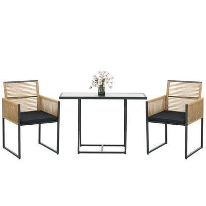 3-Piece Garden Furniture Set with Folding Backrest Chairs and Glass Table Nested Design for Terrace Patio Natural and Black
