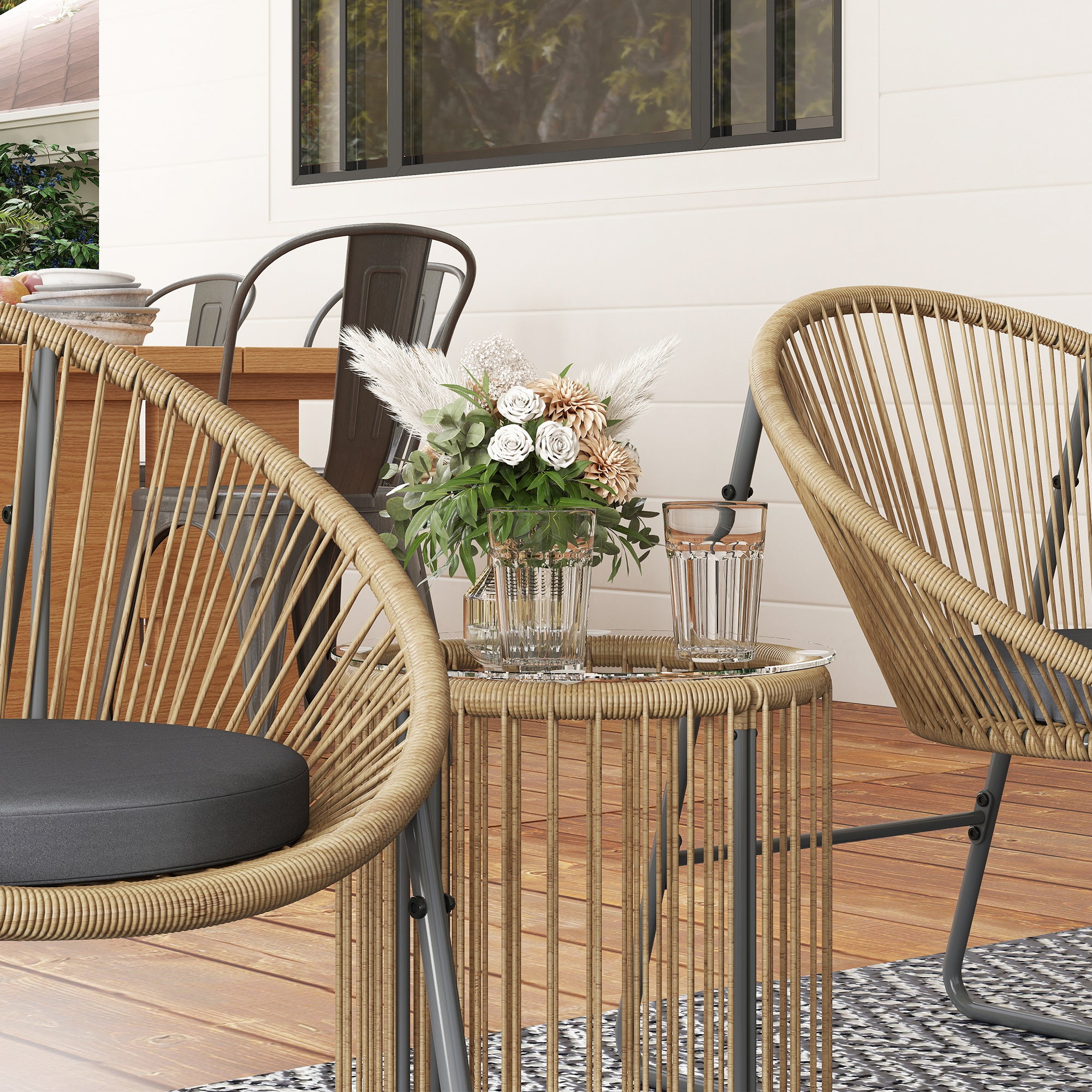 3-Piece Outdoor Garden Set with 2 Chairs and Glass Top Rattan Table with Cushions for Balcony Terrace Natural Wood