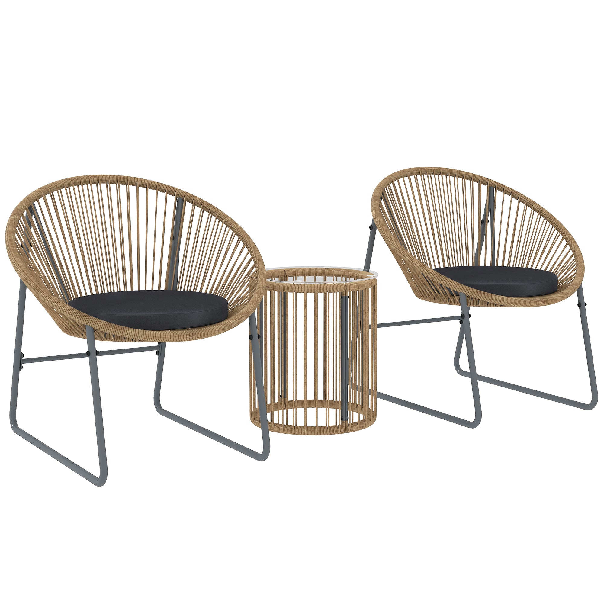 3-Piece Outdoor Garden Set with 2 Chairs and Glass Top Rattan Table with Cushions for Balcony Terrace Natural Wood
