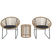 3-Piece Outdoor Garden Set with 2 Chairs and Glass Top Rattan Table with Cushions for Balcony Terrace Natural Wood
