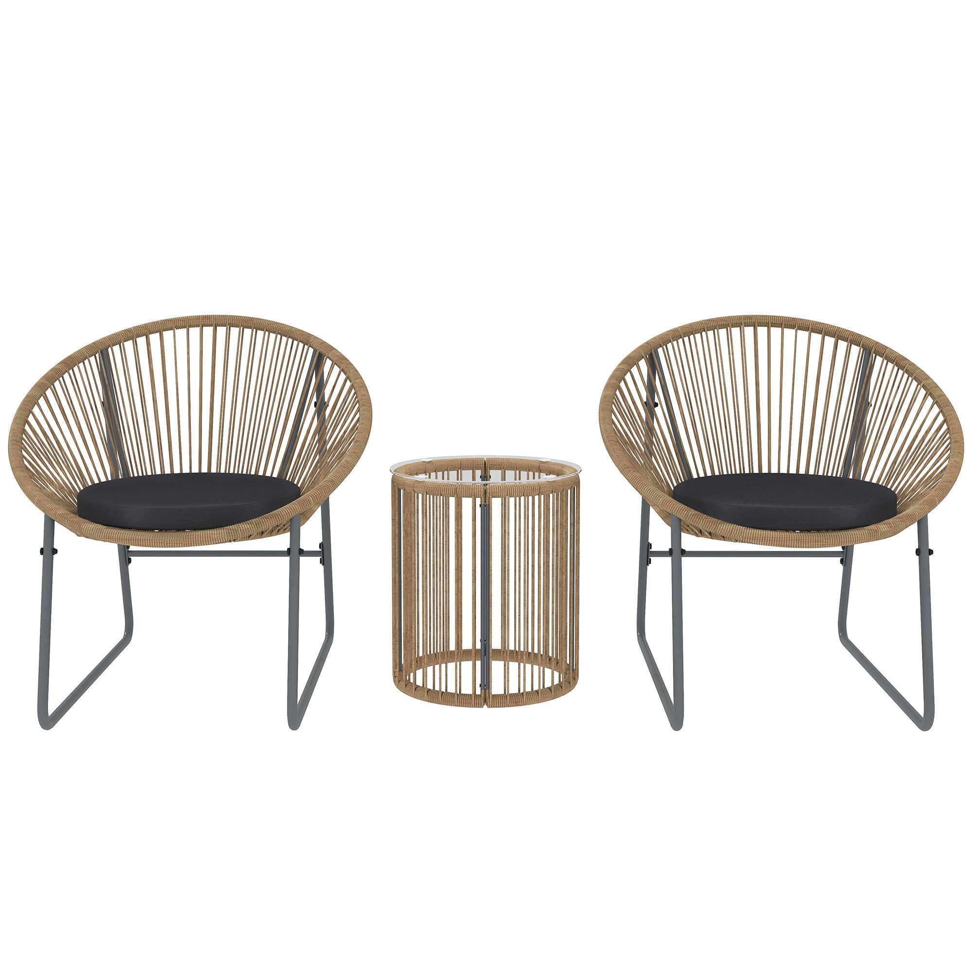 3-Piece Outdoor Garden Set with 2 Chairs and Glass Top Rattan Table with Cushions for Balcony Terrace Natural Wood