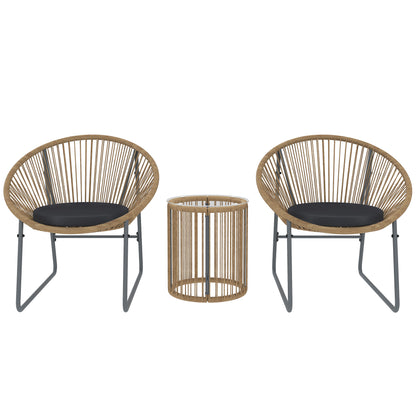 3-Piece Outdoor Garden Set with 2 Chairs and Glass Top Rattan Table with Cushions for Balcony Terrace Natural Wood
