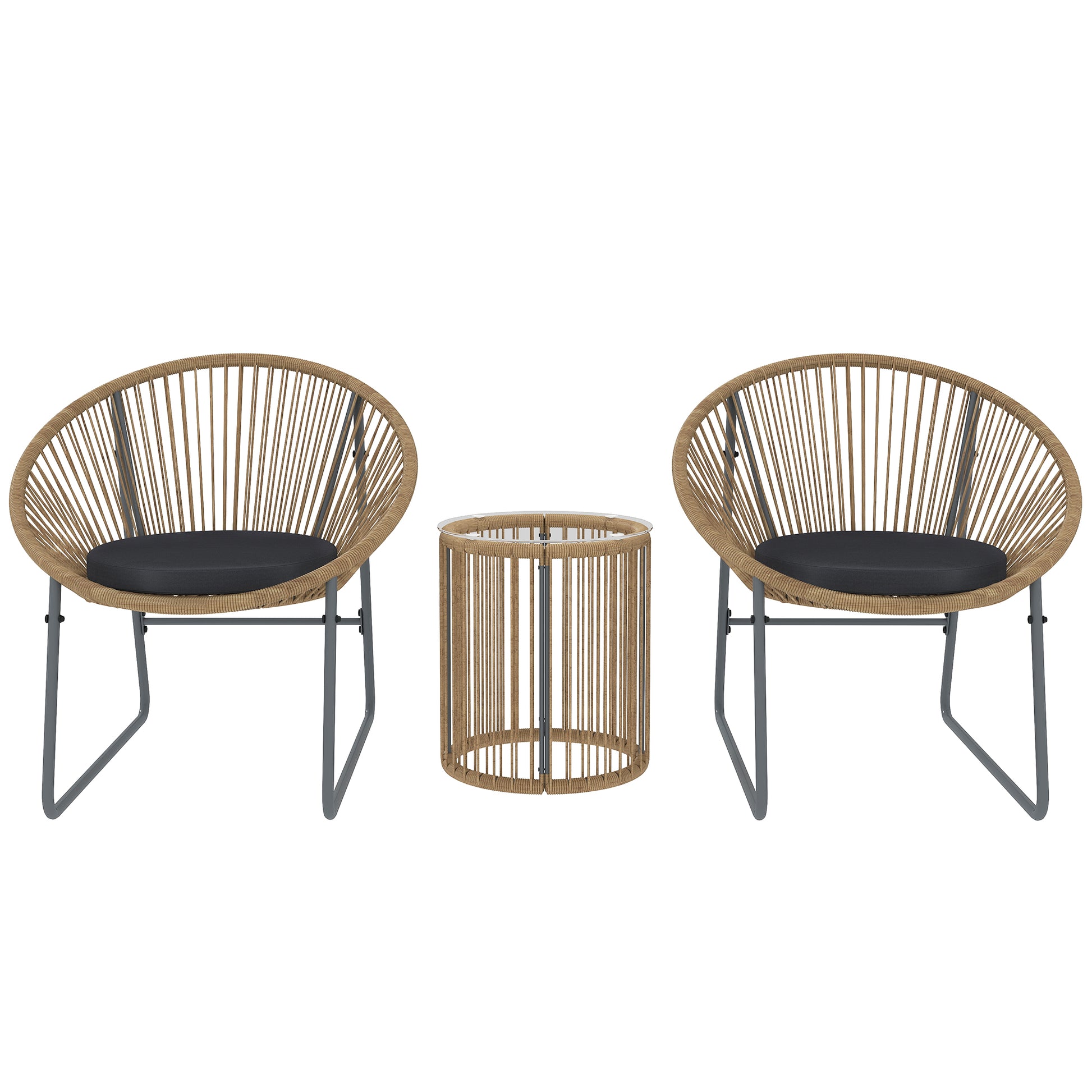 3-Piece Outdoor Garden Set with 2 Chairs and Glass Top Rattan Table with Cushions for Balcony Terrace Natural Wood