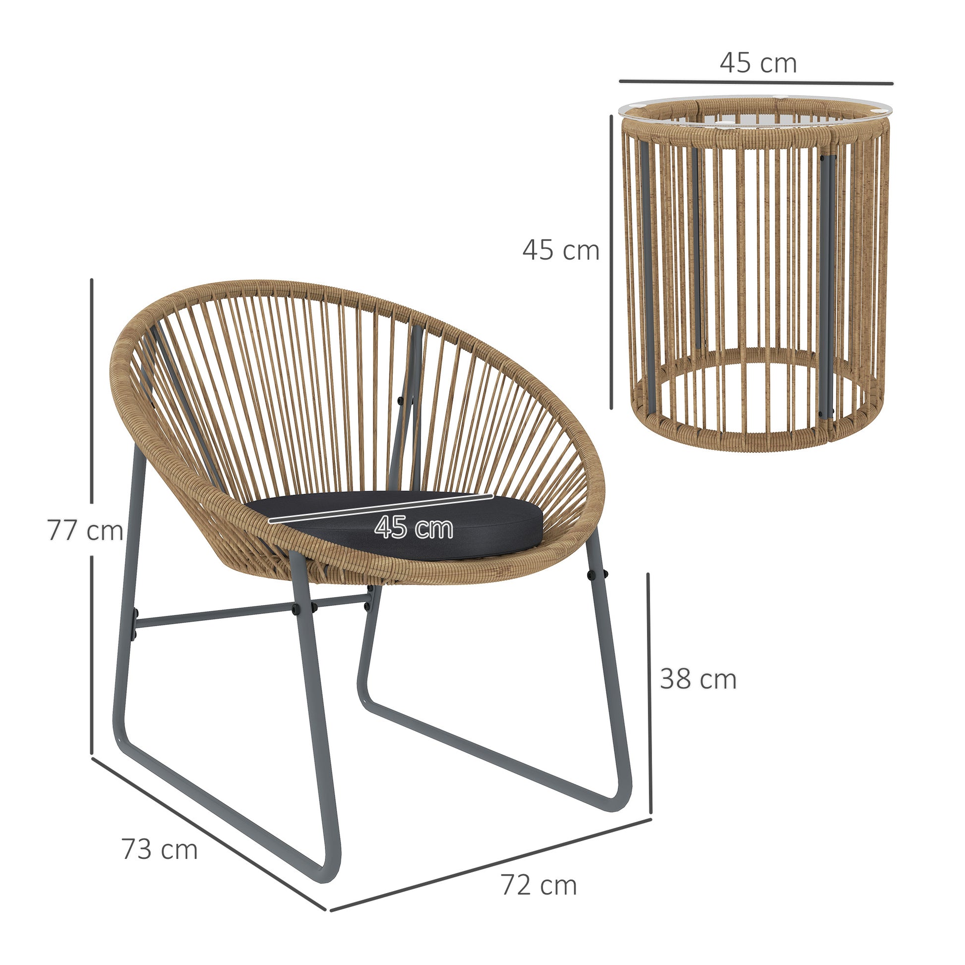 3-Piece Outdoor Garden Set with 2 Chairs and Glass Top Rattan Table with Cushions for Balcony Terrace Natural Wood