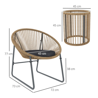 3-Piece Outdoor Garden Set with 2 Chairs and Glass Top Rattan Table with Cushions for Balcony Terrace Natural Wood