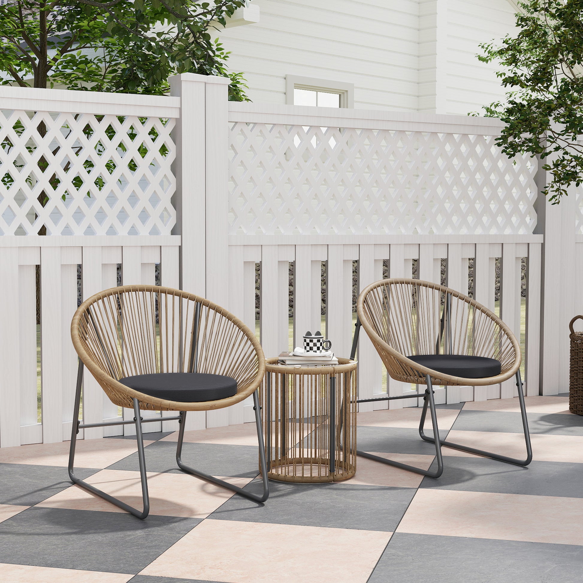 3-Piece Outdoor Garden Set with 2 Chairs and Glass Top Rattan Table with Cushions for Balcony Terrace Natural Wood