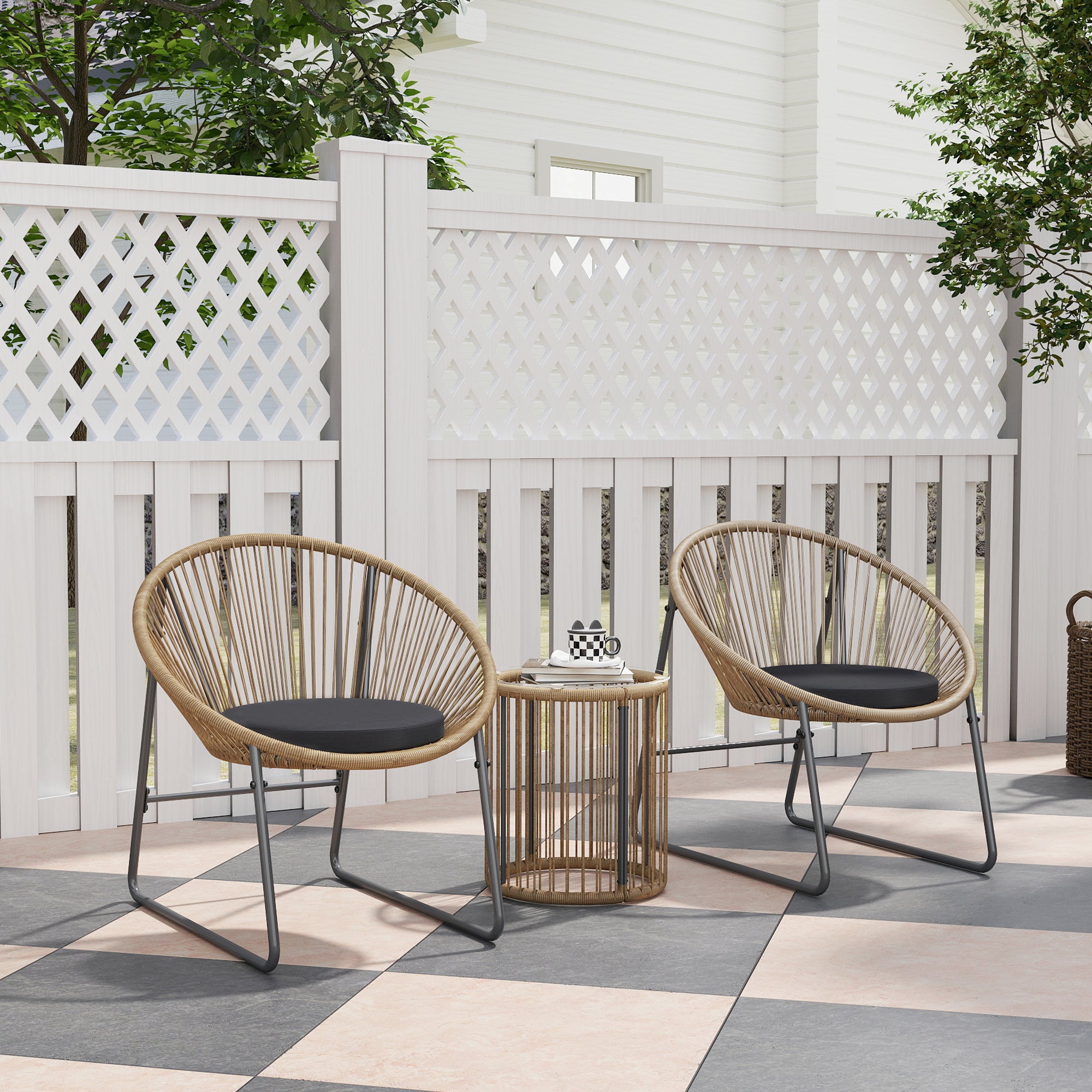 3-Piece Outdoor Garden Set with 2 Chairs and Glass Top Rattan Table with Cushions for Balcony Terrace Natural Wood