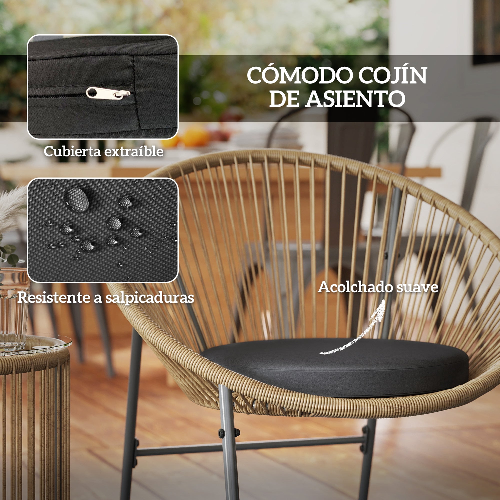 3-Piece Outdoor Garden Set with 2 Chairs and Glass Top Rattan Table with Cushions for Balcony Terrace Natural Wood