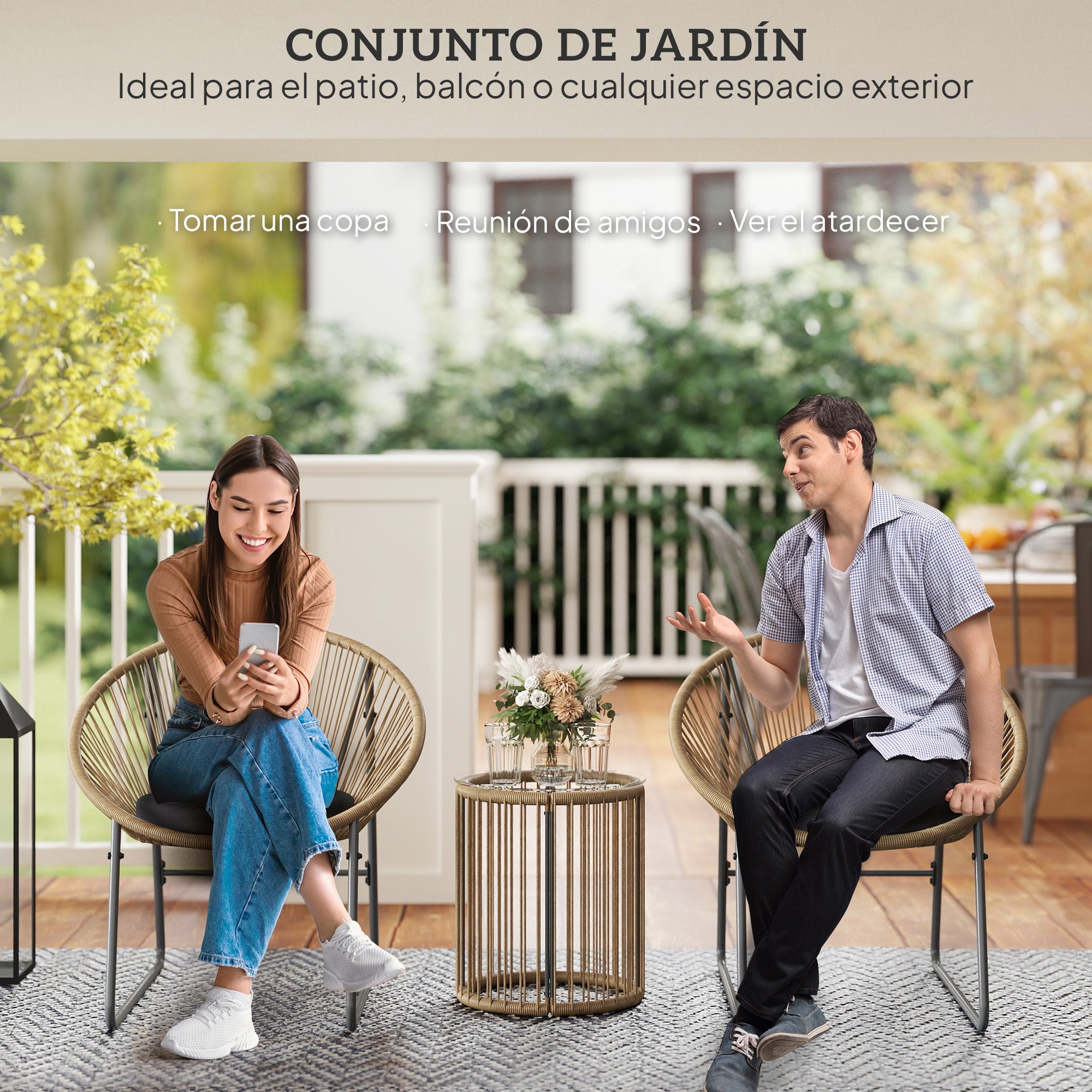 3-Piece Outdoor Garden Set with 2 Chairs and Glass Top Rattan Table with Cushions for Balcony Terrace Natural Wood