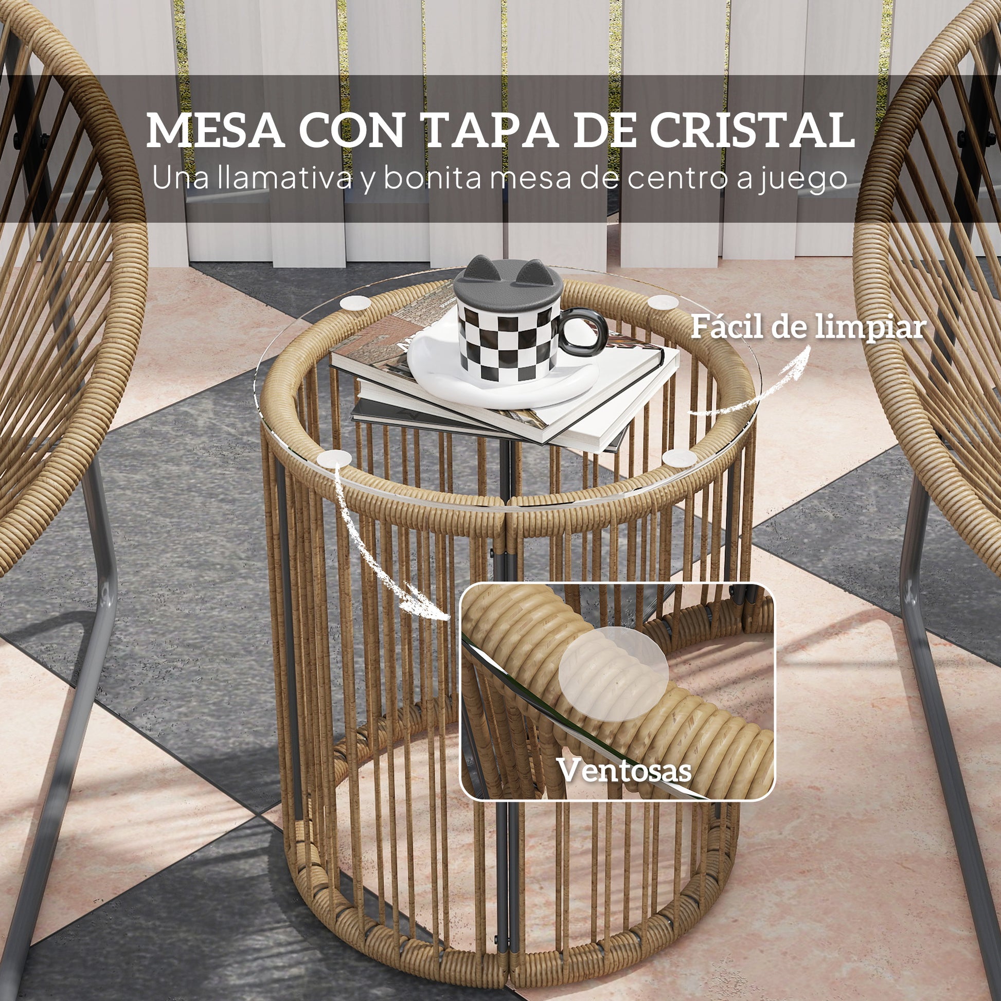3-Piece Outdoor Garden Set with 2 Chairs and Glass Top Rattan Table with Cushions for Balcony Terrace Natural Wood