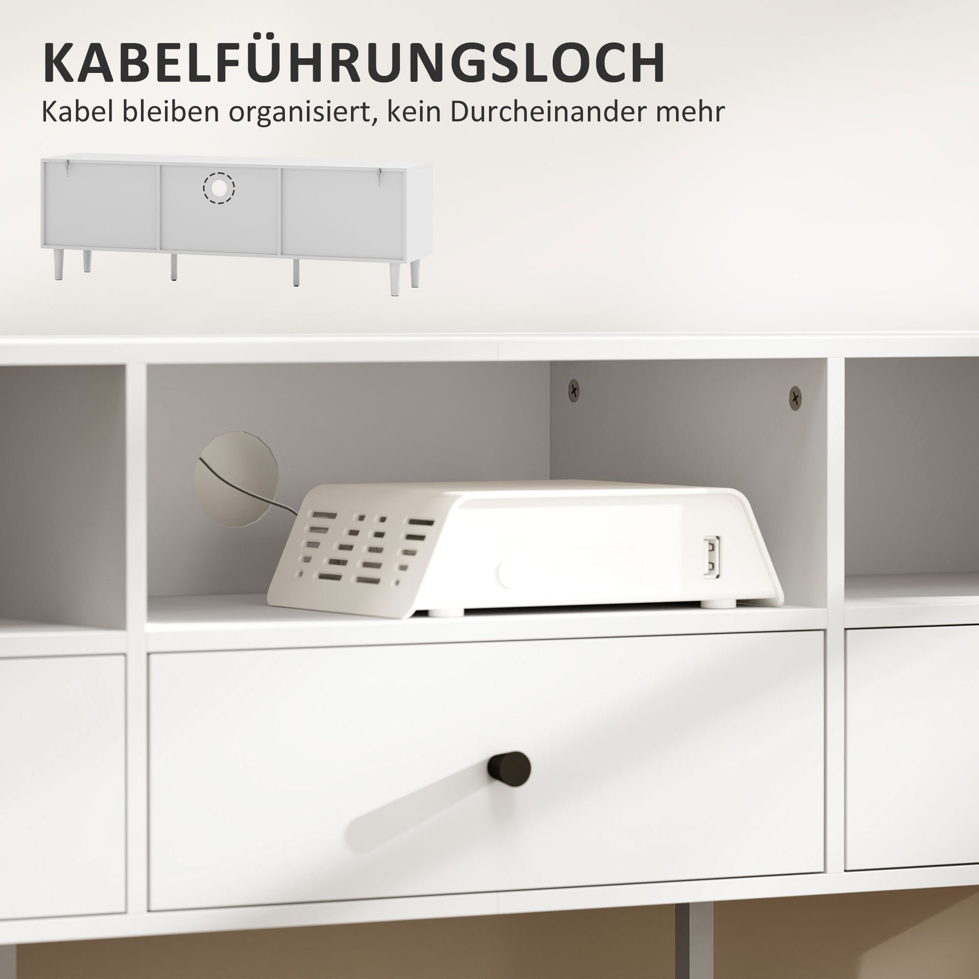 TV Cabinet TV Stand with Drawers, 3 Open Compartments 140 cm long TV Console with Cable Management for TV up to 75 inches TV Table for Living Room White 140x34x45cm