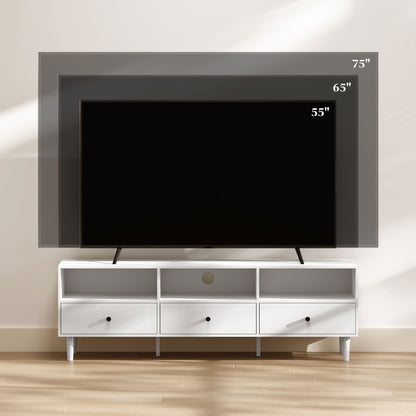 TV Cabinet TV Stand with Drawers, 3 Open Compartments 140 cm long TV Console with Cable Management for TV up to 75 inches TV Table for Living Room White 140x34x45cm