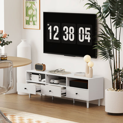 TV Cabinet TV Stand with Drawers, 3 Open Compartments 140 cm long TV Console with Cable Management for TV up to 75 inches TV Table for Living Room White 140x34x45cm