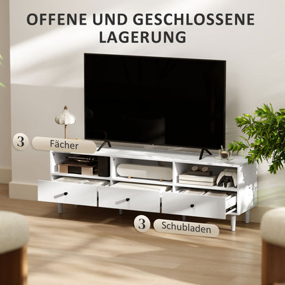 TV Cabinet TV Stand with Drawers, 3 Open Compartments 140 cm long TV Console with Cable Management for TV up to 75 inches TV Table for Living Room White 140x34x45cm