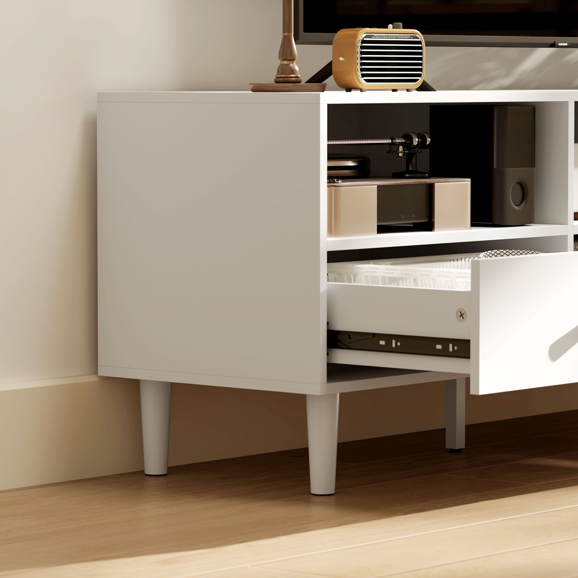 TV Cabinet TV Stand with Drawers, 3 Open Compartments 140 cm long TV Console with Cable Management for TV up to 75 inches TV Table for Living Room White 140x34x45cm