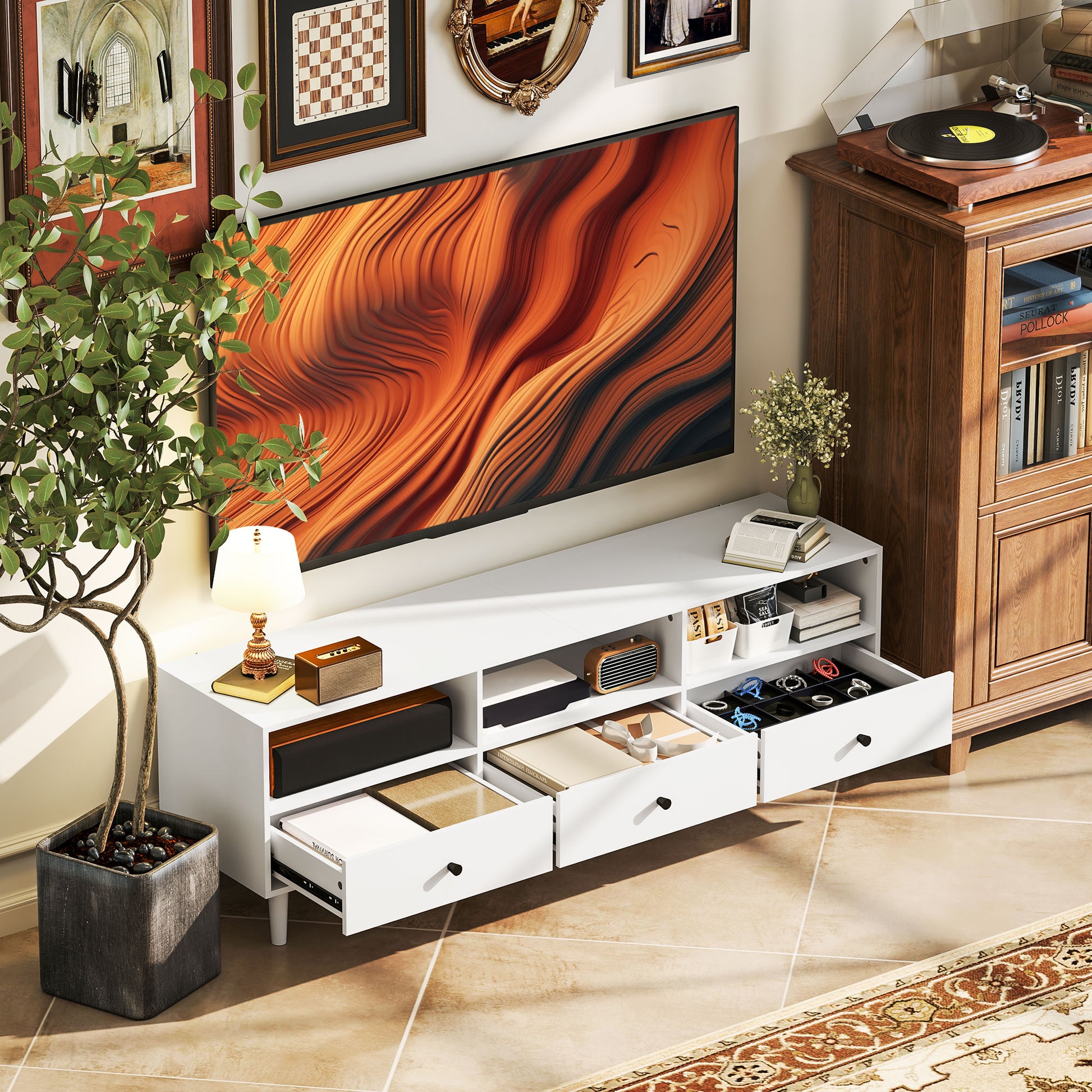 TV Cabinet TV Stand with Drawers, 3 Open Compartments 140 cm long TV Console with Cable Management for TV up to 75 inches TV Table for Living Room White 140x34x45cm
