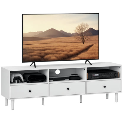TV Cabinet TV Stand with Drawers, 3 Open Compartments 140 cm long TV Console with Cable Management for TV up to 75 inches TV Table for Living Room White 140x34x45cm