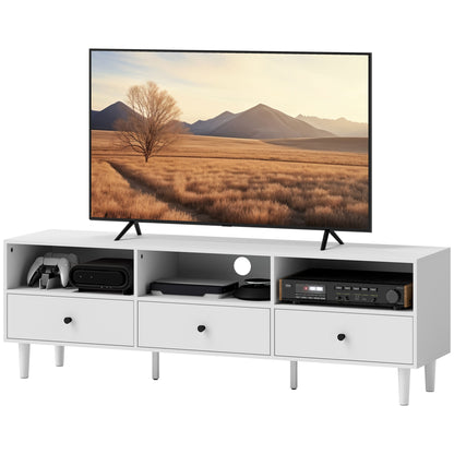 TV Cabinet TV Stand with Drawers, 3 Open Compartments 140 cm long TV Console with Cable Management for TV up to 75 inches TV Table for Living Room White 140x34x45cm