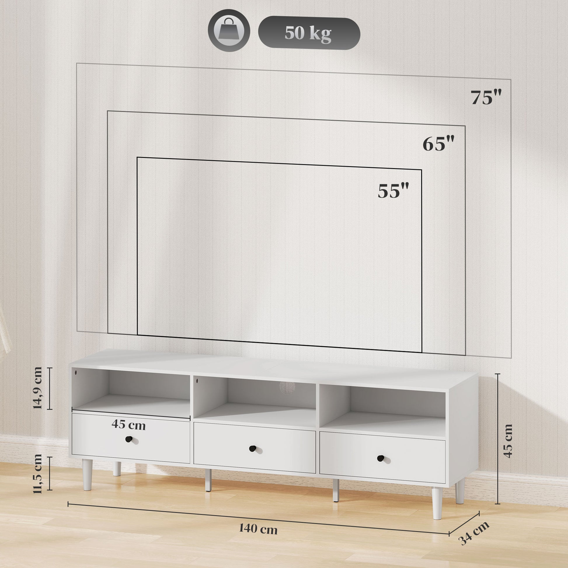 TV Cabinet TV Stand with Drawers, 3 Open Compartments 140 cm long TV Console with Cable Management for TV up to 75 inches TV Table for Living Room White 140x34x45cm