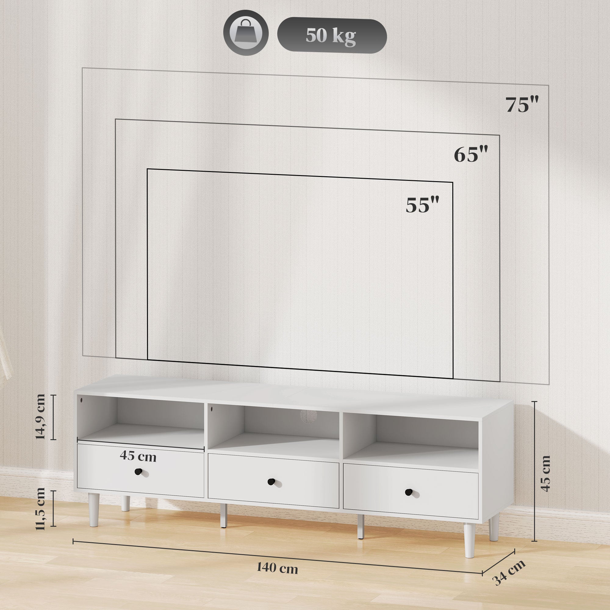 TV Cabinet TV Stand with Drawers, 3 Open Compartments 140 cm long TV Console with Cable Management for TV up to 75 inches TV Table for Living Room White 140x34x45cm