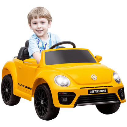 Electric Car for Children 3+ Years Volkswagen Beetle Kids Car with 12V Battery Remote Control Headlights Horn and Music Yellow