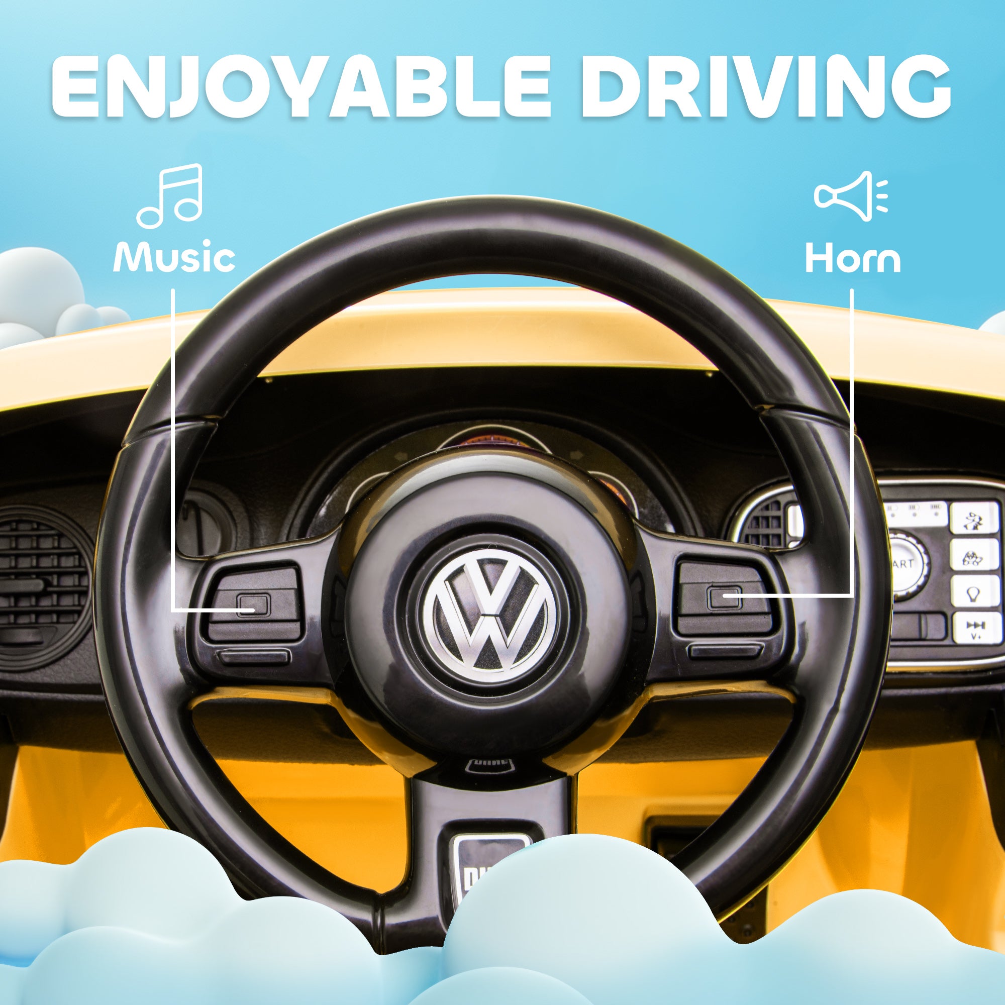 Electric Car for Children 3+ Years Volkswagen Beetle Kids Car with 12V Battery Remote Control Headlights Horn and Music Yellow