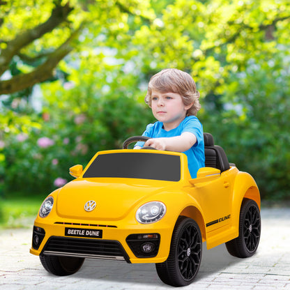 Electric Car for Children 3+ Years Volkswagen Beetle Kids Car with 12V Battery Remote Control Headlights Horn and Music Yellow