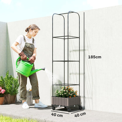 Raised Planter with Trellis, Mobile Planter on Wheels with Drain Hole, Plastic Trough for Climbing Plants, 15.7 x 15.7 x 72.8 in