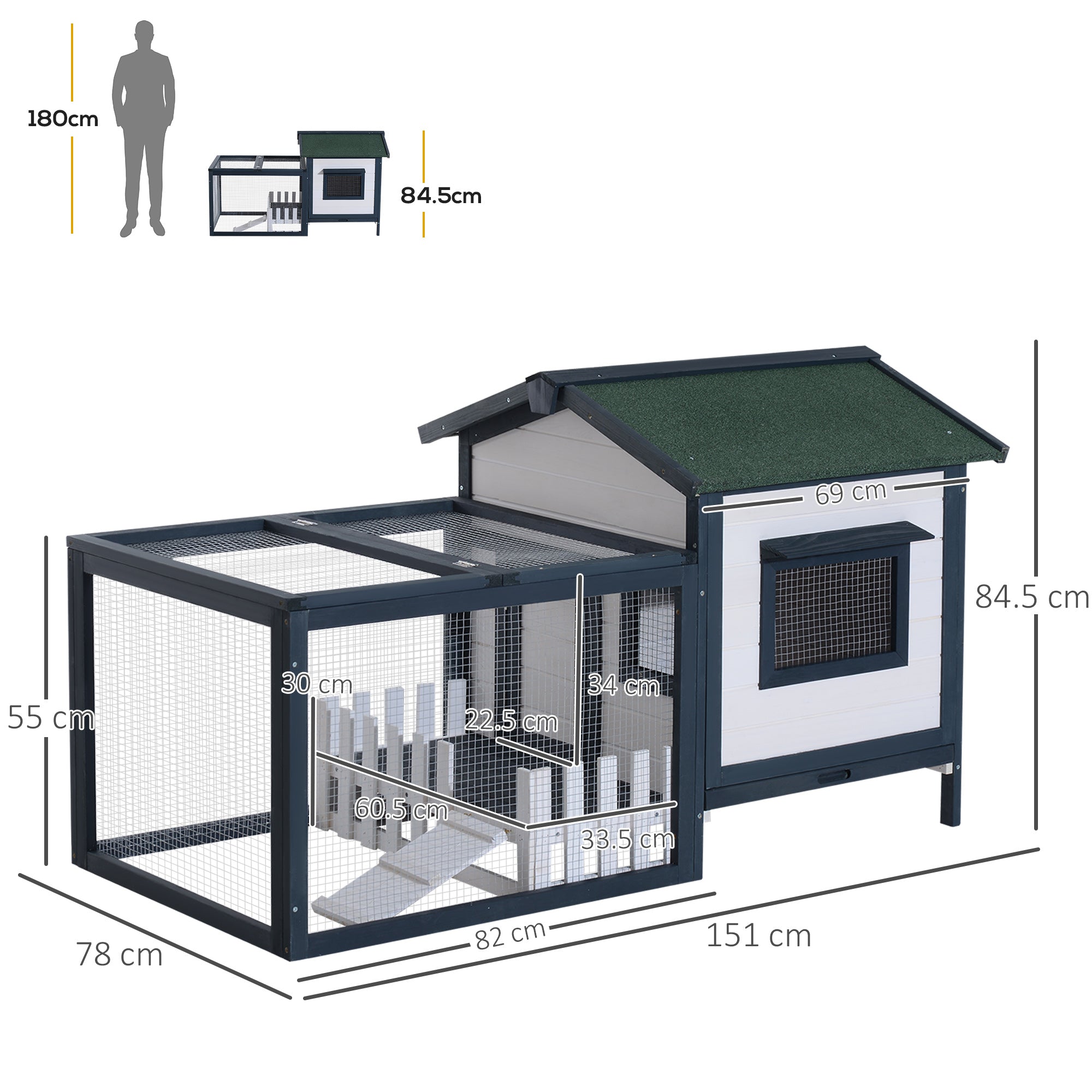 Outdoor and Indoor Rabbit Hutch, Rabbit Cage with Waterproof Roof, House and Exercise Area, Fir Wood Rabbit Hutch, 151x78x84.5 cm, Green and White