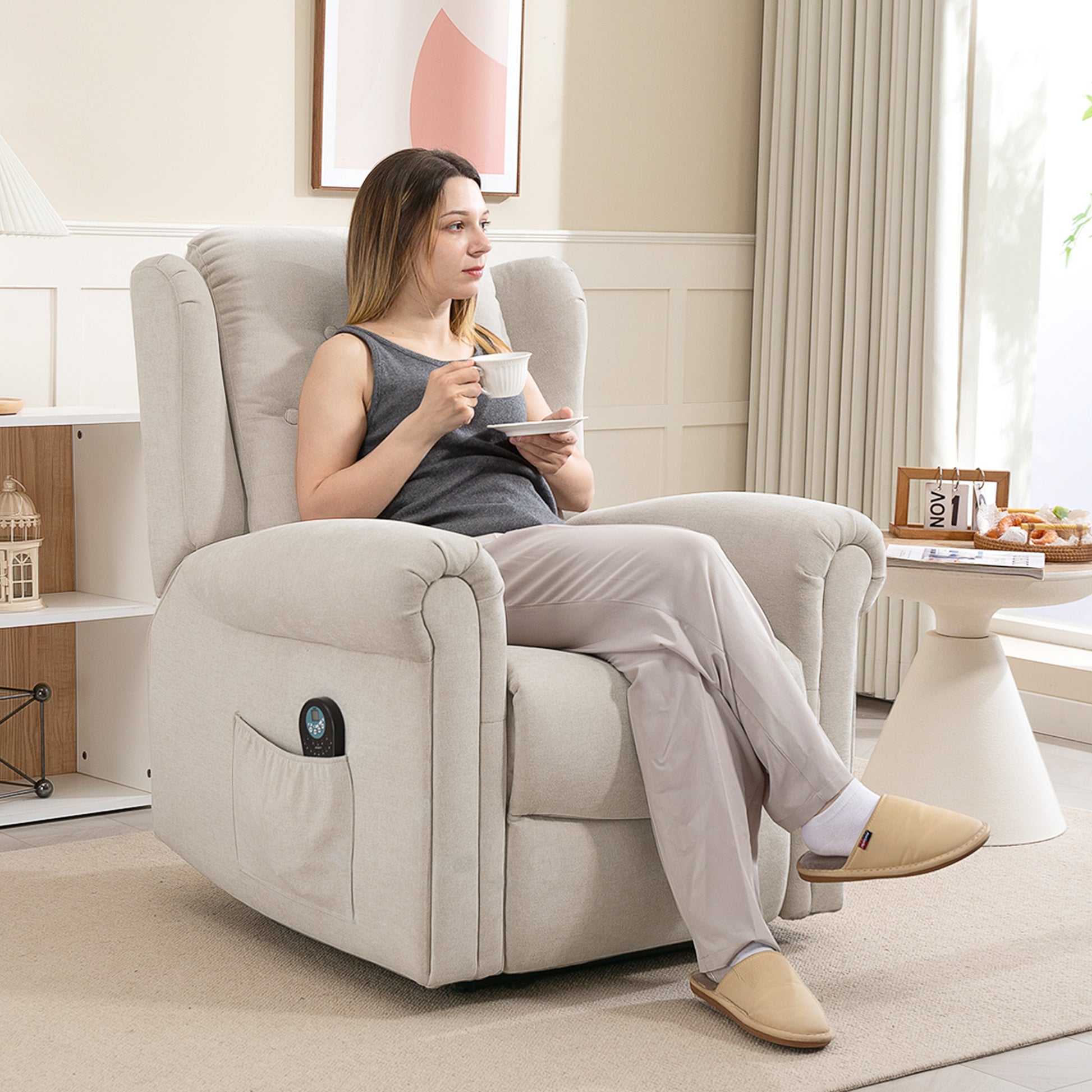 Electric Massage and Heating Recliner Chair, Reclining Armchair with Adjustable Back and Footrest Manually, Side Pocket, Linen-look Fabric, for Bedroom, Living Room, and Home Cinema, Beige