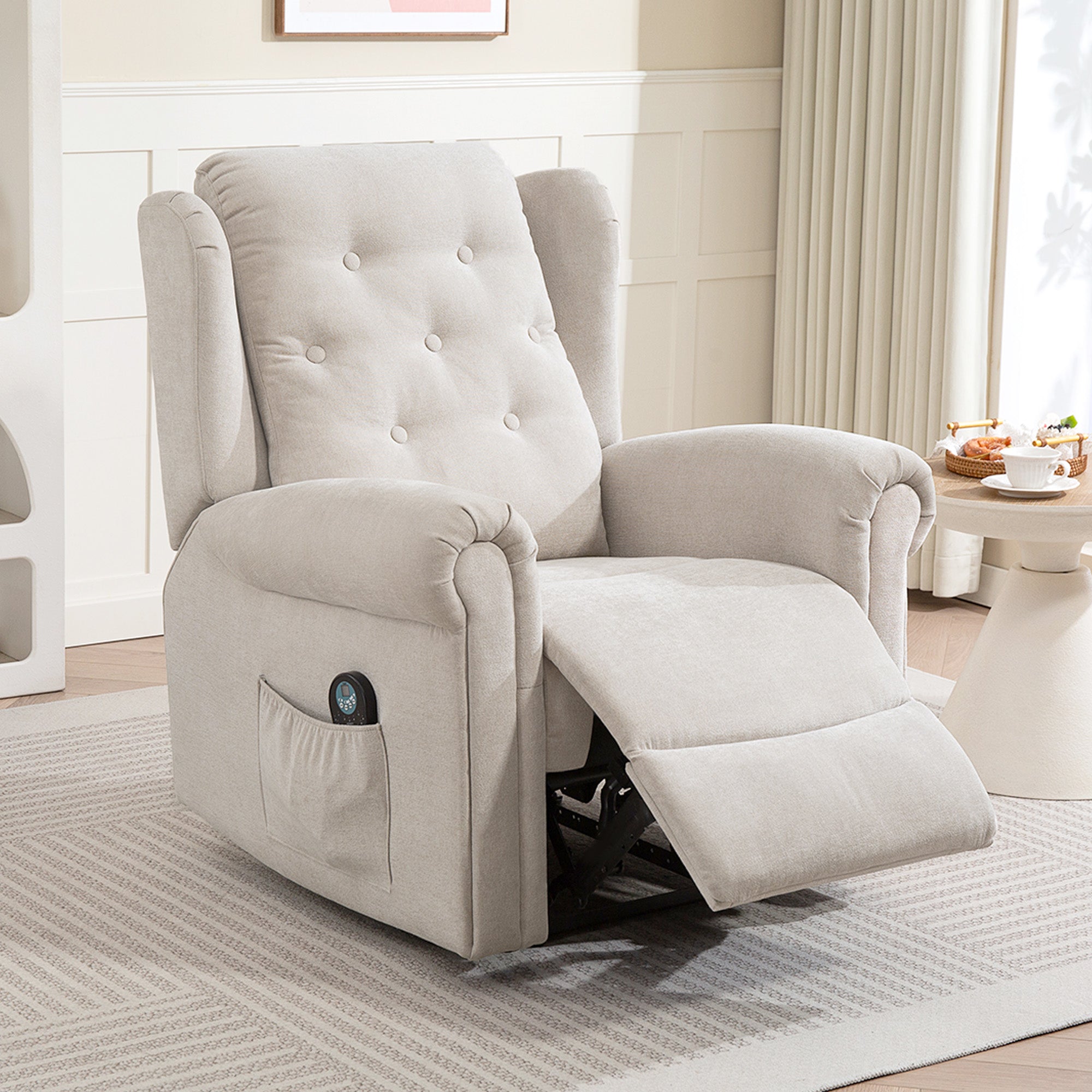 Electric Massage and Heating Recliner Chair, Reclining Armchair with Adjustable Back and Footrest Manually, Side Pocket, Linen-look Fabric, for Bedroom, Living Room, and Home Cinema, Beige