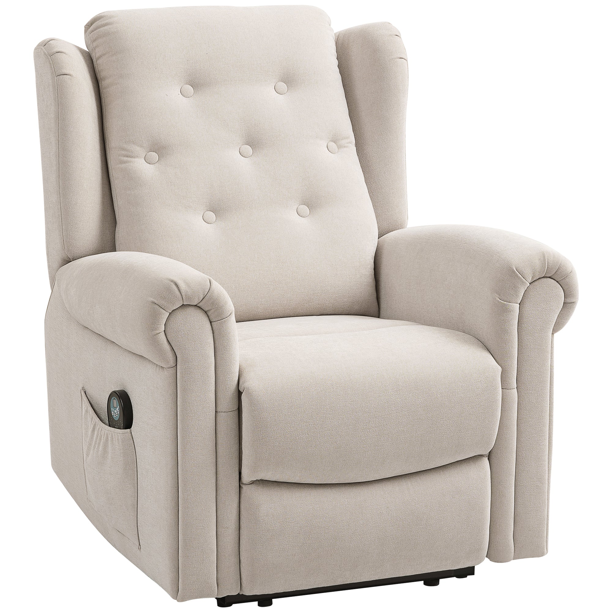 Electric Massage and Heating Recliner Chair, Reclining Armchair with Adjustable Back and Footrest Manually, Side Pocket, Linen-look Fabric, for Bedroom, Living Room, and Home Cinema, Beige