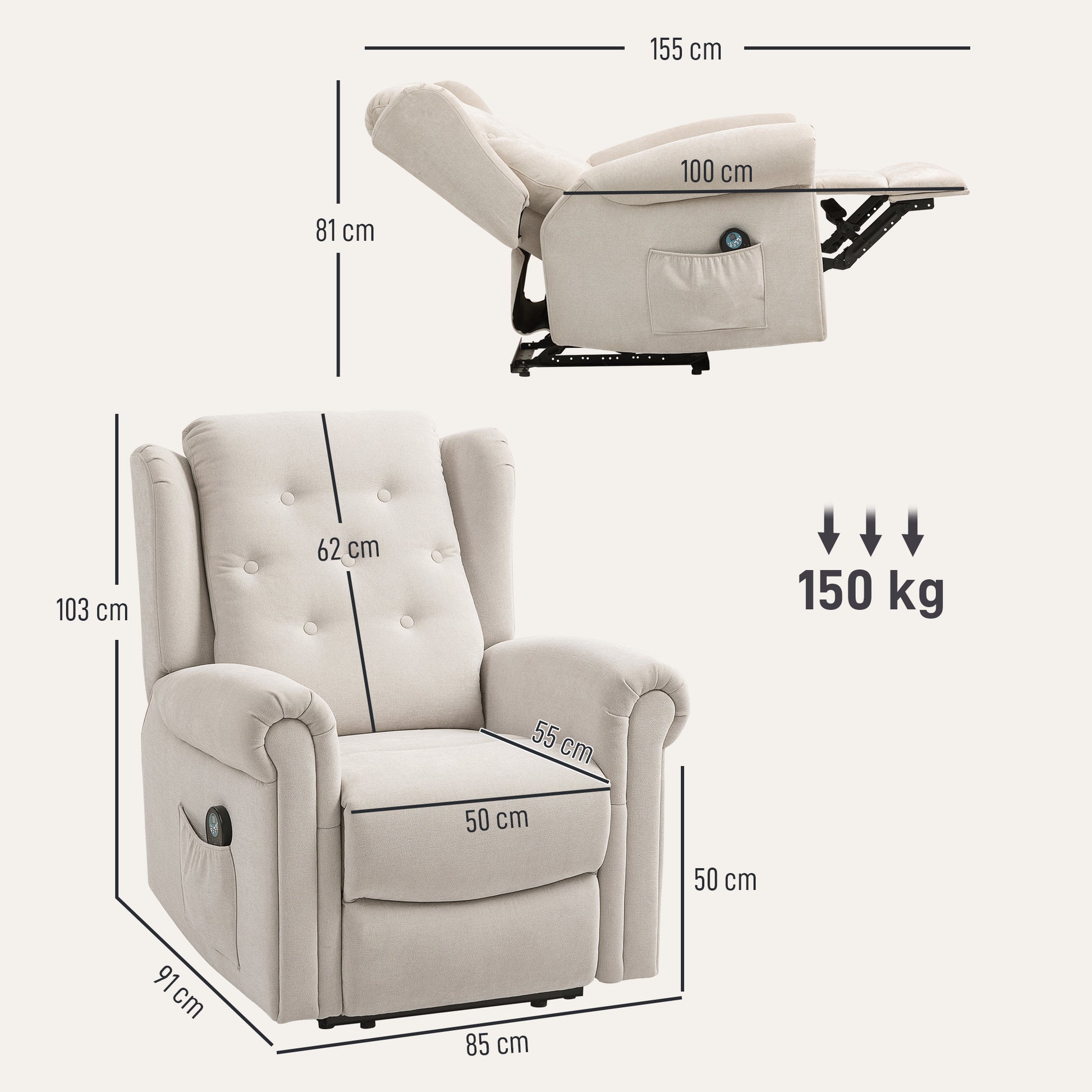 Electric Massage and Heating Recliner Chair, Reclining Armchair with Adjustable Back and Footrest Manually, Side Pocket, Linen-look Fabric, for Bedroom, Living Room, and Home Cinema, Beige