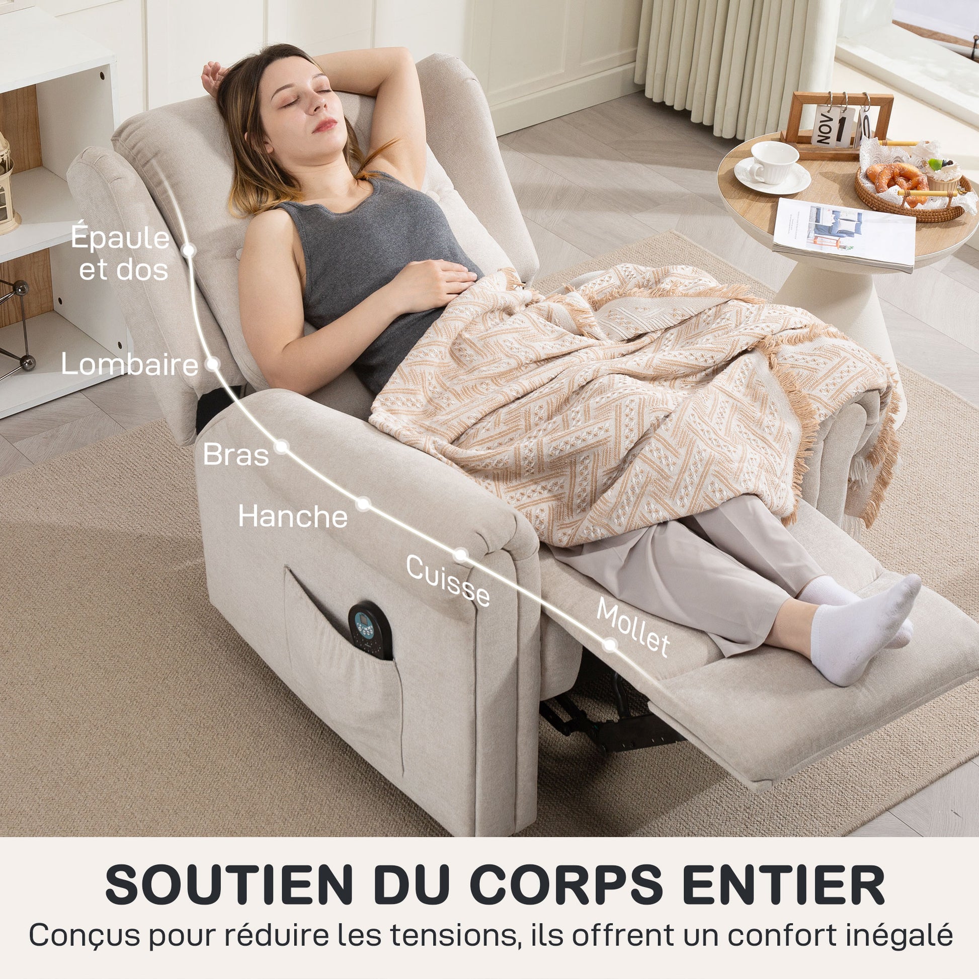 Electric Massage and Heating Recliner Chair, Reclining Armchair with Adjustable Back and Footrest Manually, Side Pocket, Linen-look Fabric, for Bedroom, Living Room, and Home Cinema, Beige