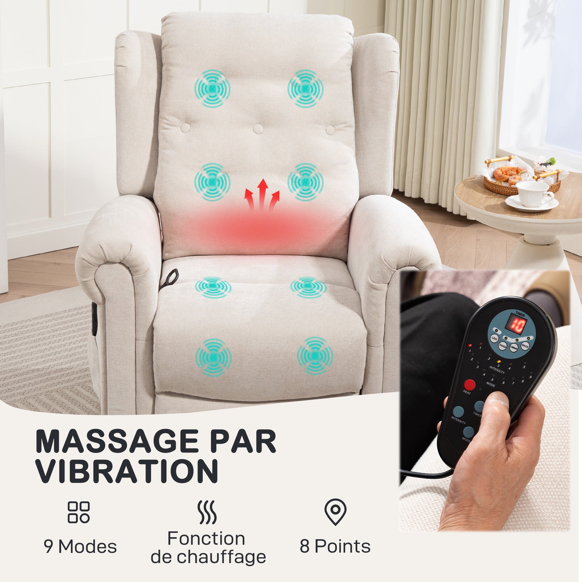 Electric Massage and Heating Recliner Chair, Reclining Armchair with Adjustable Back and Footrest Manually, Side Pocket, Linen-look Fabric, for Bedroom, Living Room, and Home Cinema, Beige